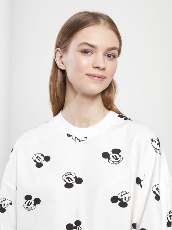 Crew Neck Mickey Mouse Printed Long Sleeve Oversize Cotton Women's Tunic