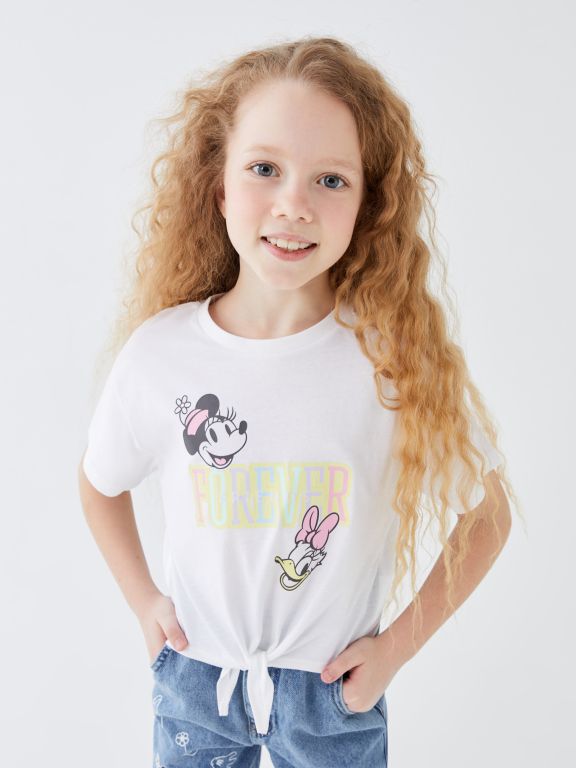 Crew Neck Disney Printed Short Sleeve Girls' Crop T-Shirt