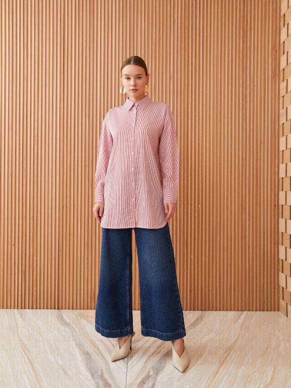 Shirt Collar Striped Long Sleeve Poplin Women's Tunic
