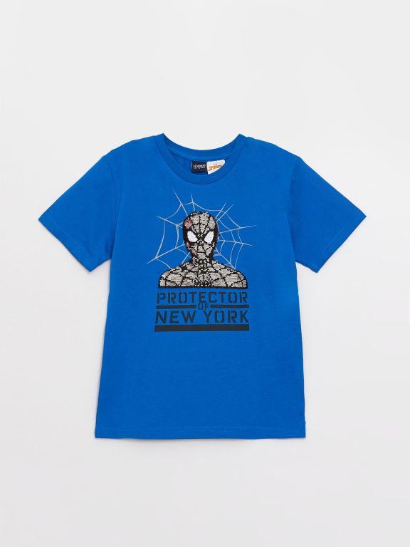 Crew Neck Spiderman Printed Double Sided Sequined Short Sleeve Boy T-Shirt