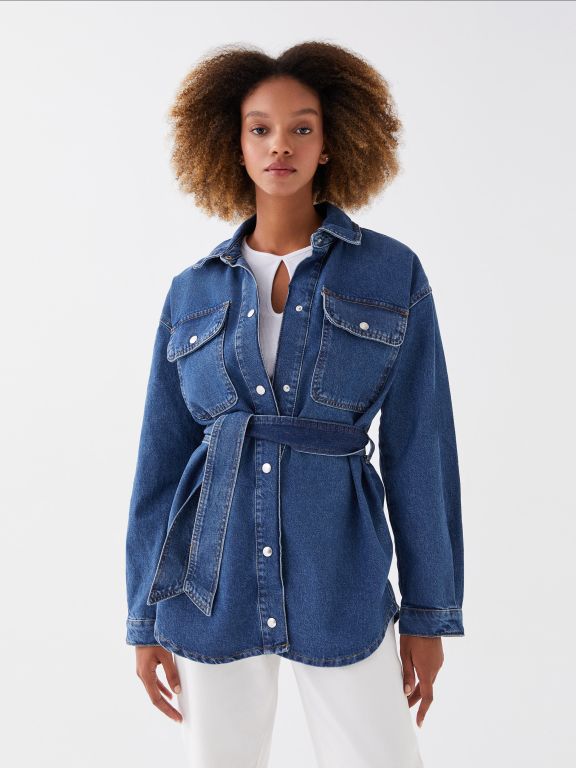 Shirt Collar Straight Long Sleeve Oversize Women's Jean Jacket