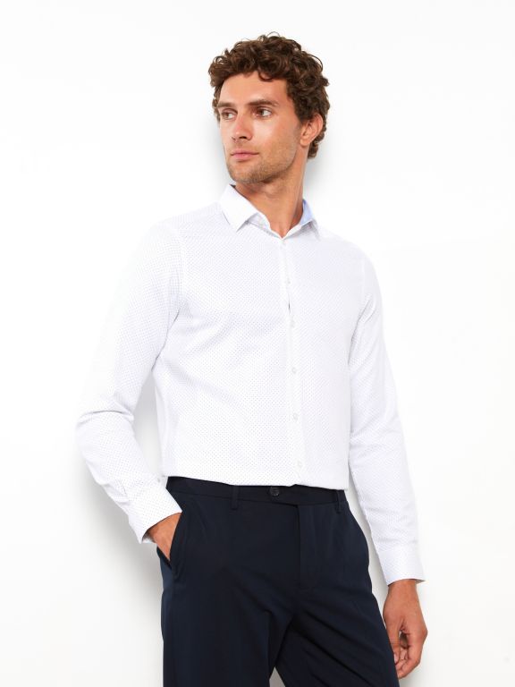 Slim Fit Long Sleeve Patterned Dobby Weave Men's Shirt