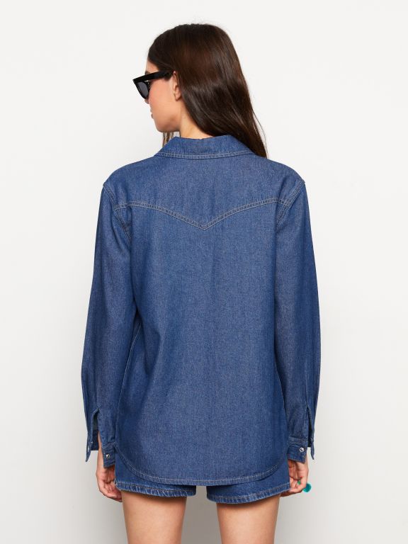Front Button Closure Straight Long Sleeve Women's Jean Shirt
