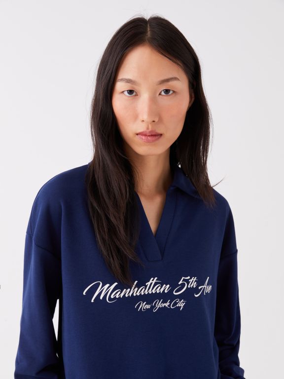 Polo Neck Printed Long Sleeve Oversize Women's Sweatshirt