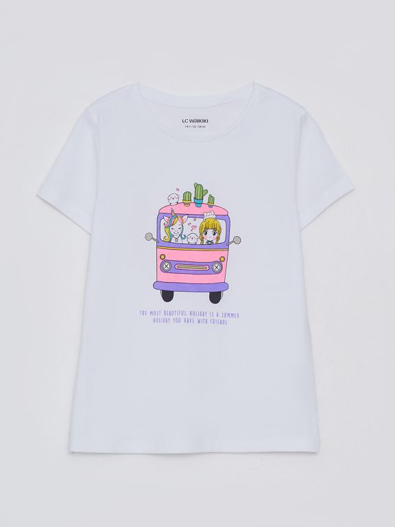 Crew Neck Printed Short Sleeve Cotton Girl T-shirt
