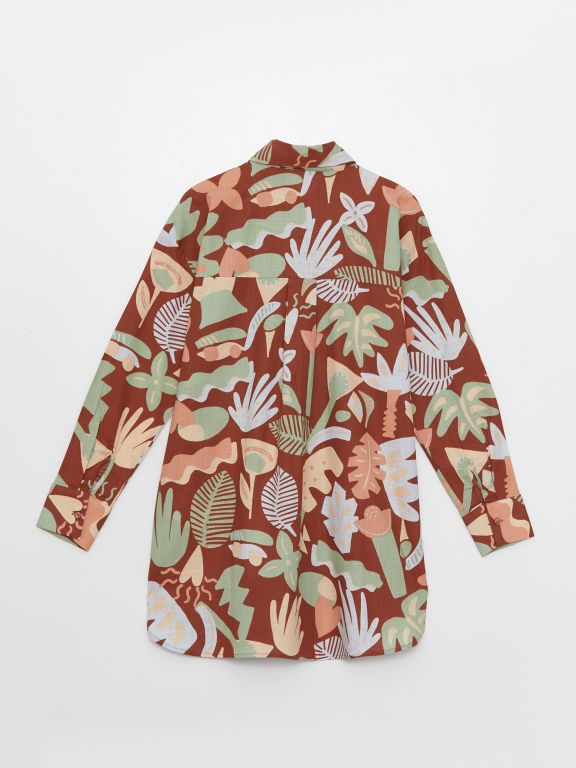 Shirt Collar Patterned Long Sleeve Women's Poplin Tunic