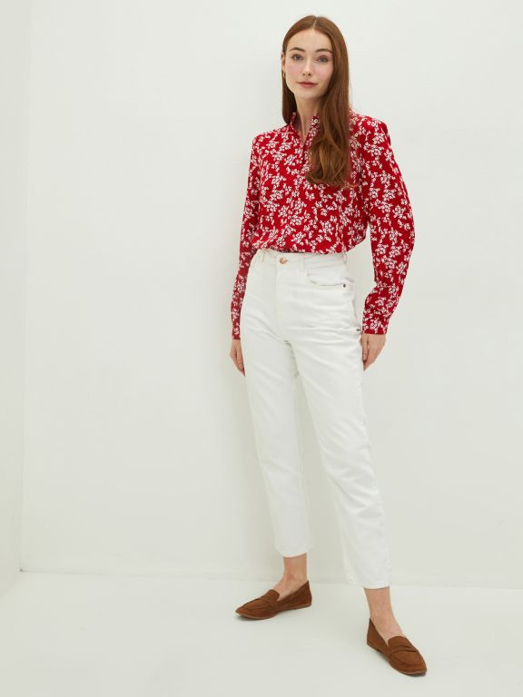 Ruffle Collar Floral Long Sleeve Viscose Women's Shirt