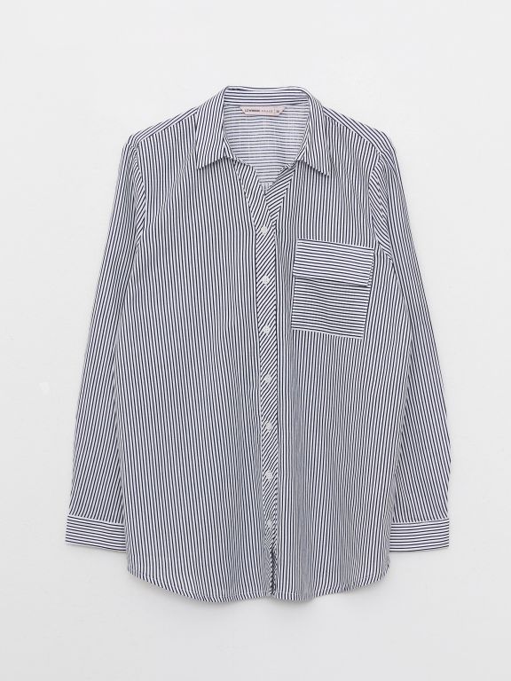 Striped Shirt Collar Long Sleeve Cotton Women's Tunic