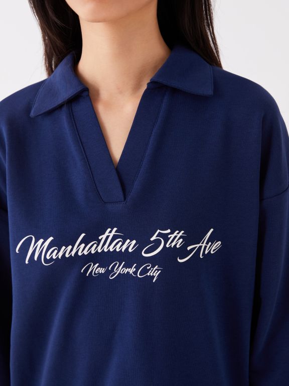 Polo Neck Printed Long Sleeve Oversize Women's Sweatshirt