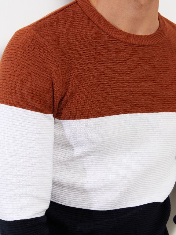 Crew Neck Long Sleeve Men's Tricot Sweater with Color Block