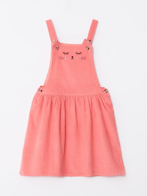 Square Neck Embroidered Strappy Velvet Girl Bib and Brace Dress
