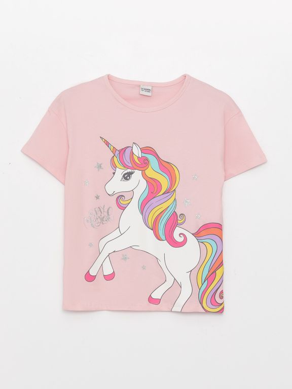 Crew Neck Printed Short Sleeve Girls T-Shirt and Tights