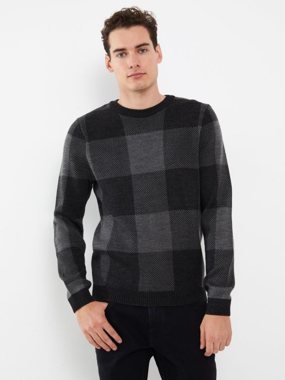 Crew Neck Long Sleeve Plaid Men's Tricot Sweater