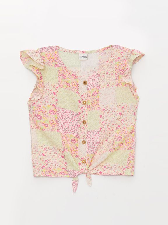 Crew Neck Printed Short Sleeve Girl's Blouse and Skirt