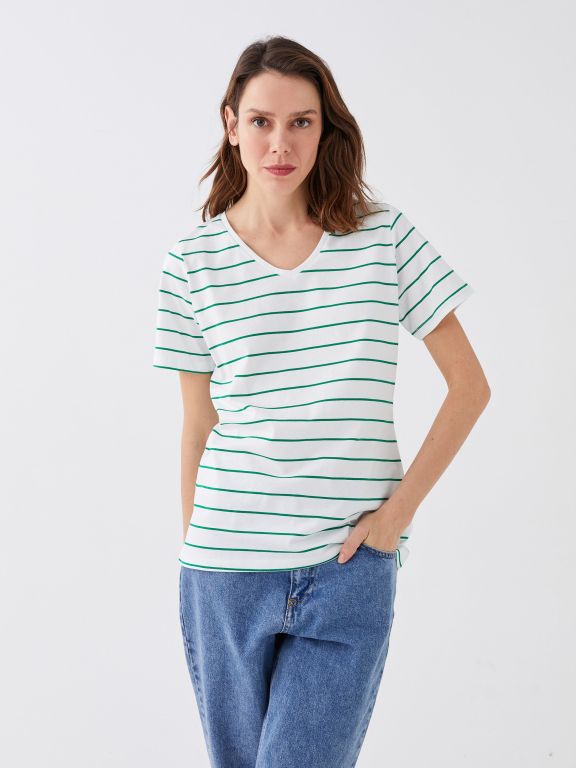 V Neck Striped Short Sleeve Women T-Shirt