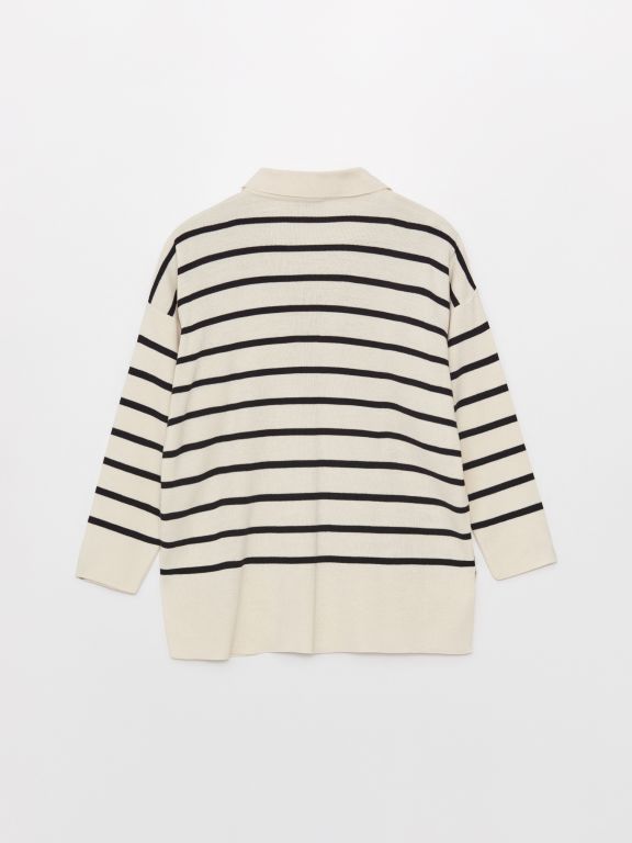 Polo Neck Striped Long-Sleeve Oversized Women's Knitwear Sweater