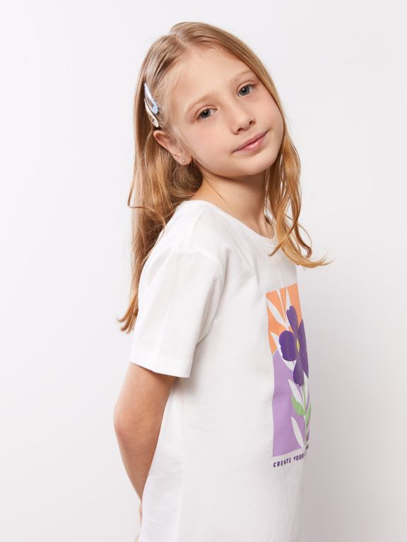 Crew Neck Printed Short Sleeve Girl T-shirt
