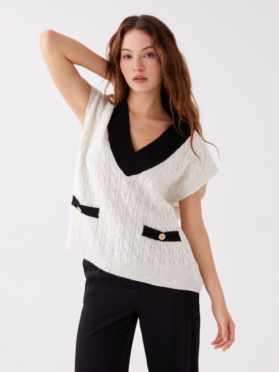 V-Collar Self-Patterned Oversized Women's Sweater