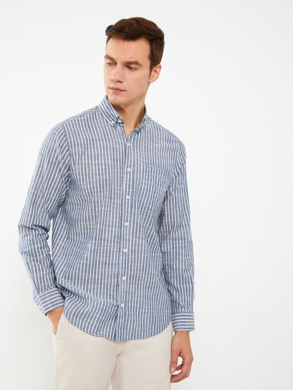 Regular Fit Long Sleeve Striped Poplin Men's Shirt