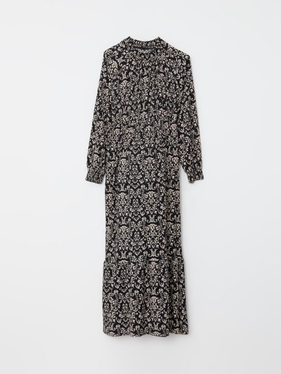 Standing Collar Patterned Long Sleeve Crinkled Maternity Dress