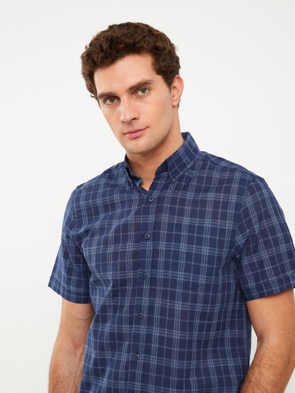 Regular Fit Short Sleeve Plaid Poplin Men's Shirt