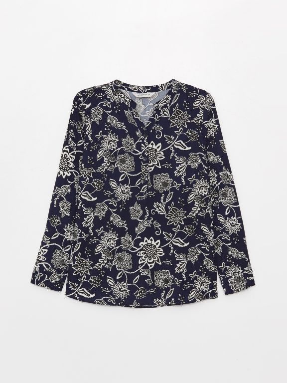 Henley Neckline Patterned Long Sleeve Women's Blouse