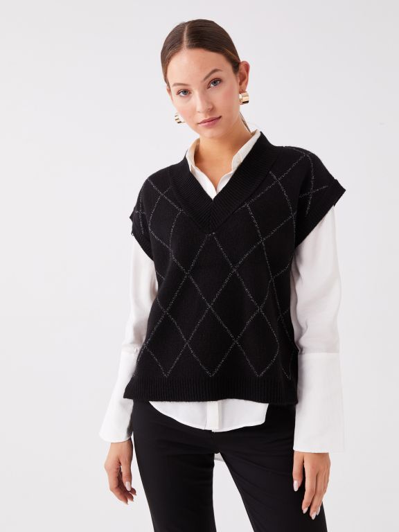 V-Neck Patterned Oversize Women Knitwear Sweater
