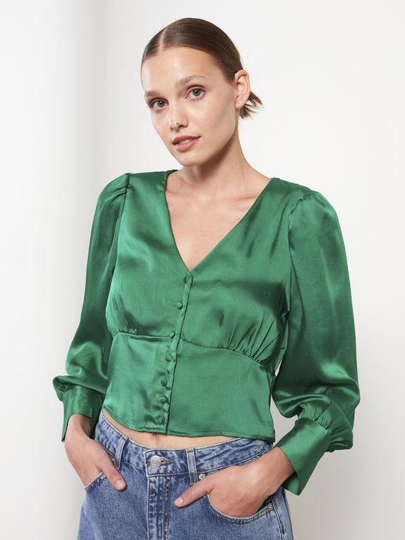 V-Neck Straight Long Sleeve Satin Women's Blouse