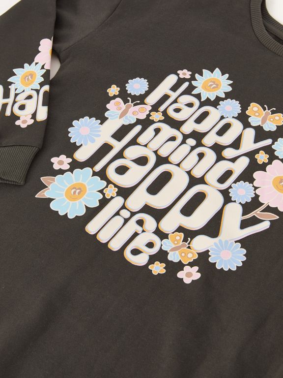 Crew Neck Printed Long Sleeve Girl Dress