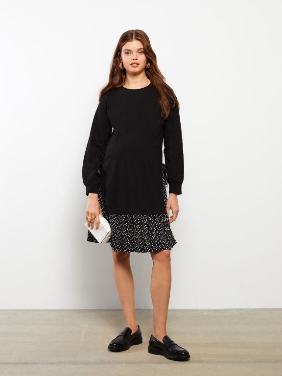 Crew Neck Patterned Long Sleeve Maternity Dress