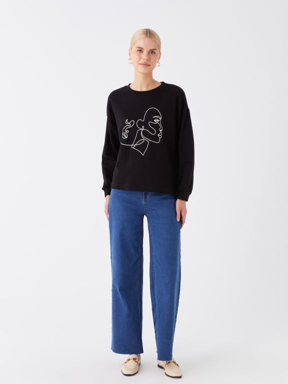 Crew Neck Printed Long Sleeve Oversize Women's Sweatshirt