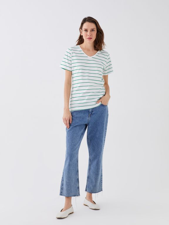 V Neck Striped Short Sleeve Women T-Shirt