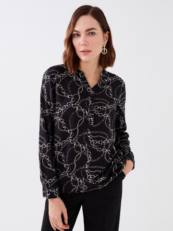 Henley Neckline Patterned Long Sleeve Women's Blouse