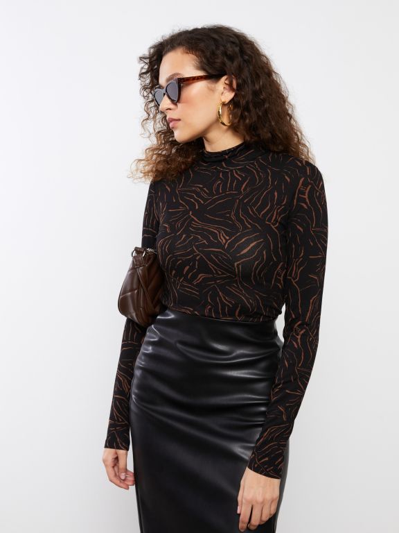 Turtle Neck Patterned Long Sleeve Women's T-shirt