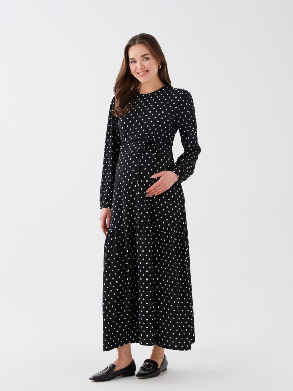 Crew Neck Polka Dot Long Sleeve Maternity Dress