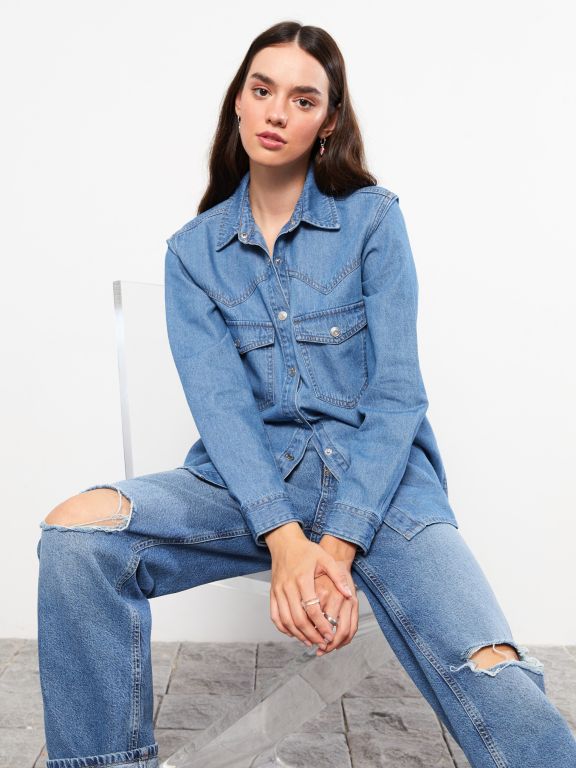 Front Button Closure Straight Long Sleeve Women's Jean Shirt