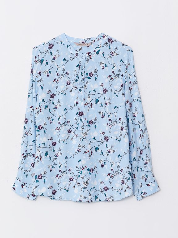 Crew Neck Flower Long Sleeve Viscose Women's Blouse