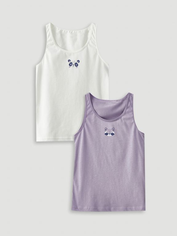 Crew Neck Printed Cotton Girl Singlet 2-Pack
