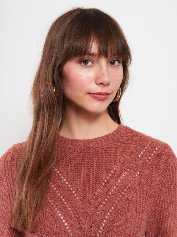 Crew Neck Self Patterned Long Sleeve Women's Tricot Sweater