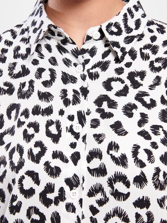 Shirt Neck Patterned Long Sleeve Oversize Viscose Women's Tunic