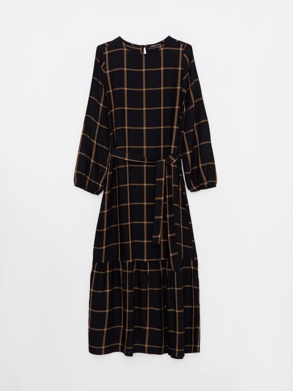Crew Neck Plaid Long Sleeve Gabardine Women Shirt Dress