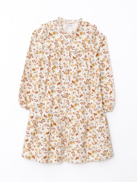 Crew Neck Patterned Long Sleeve Gabardine Girl Dress