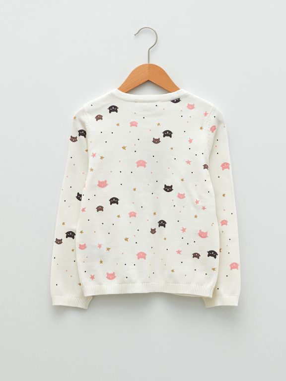 Crew Neck Patterned Long Sleeve Girl Tricot Cardigan