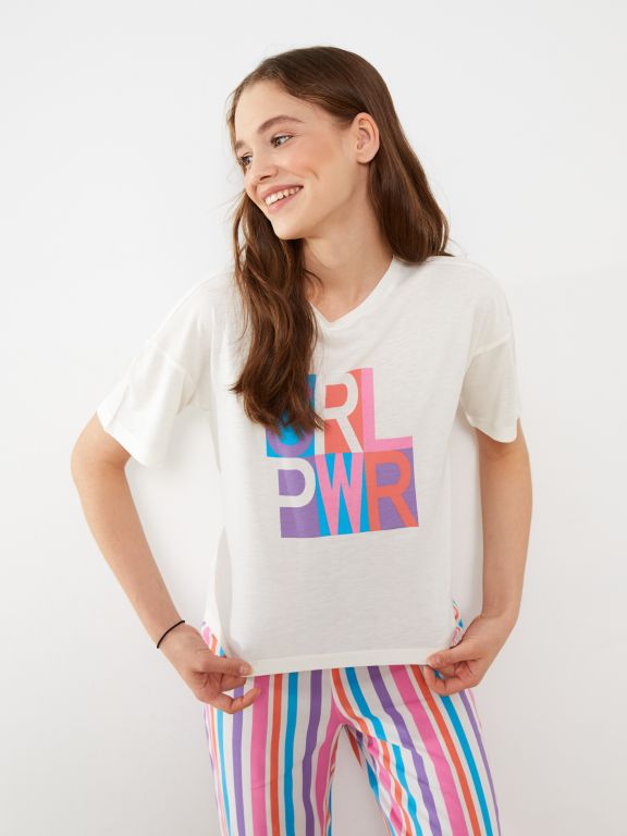 Crew Neck Printed Short Sleeve Women's Pajama Set
