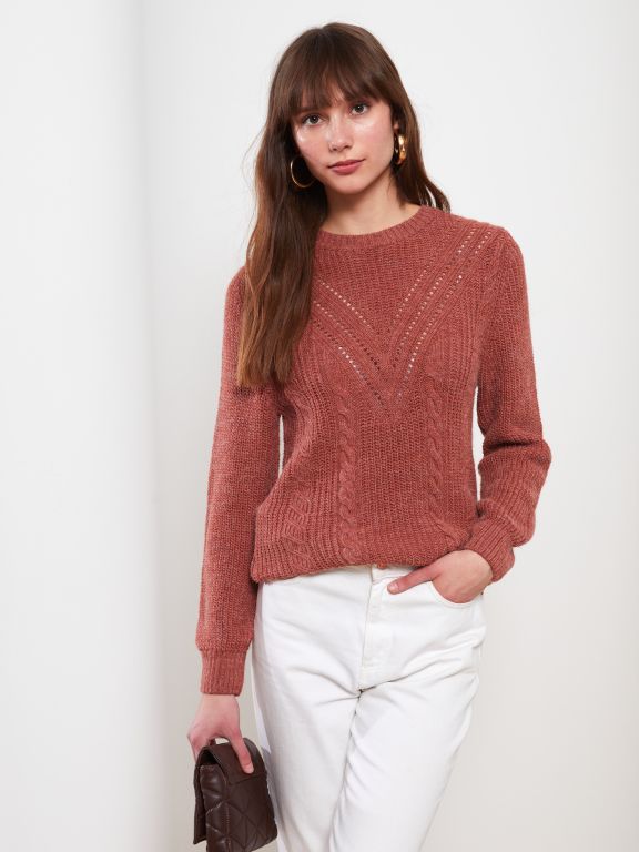 Crew Neck Self Patterned Long Sleeve Women's Tricot Sweater