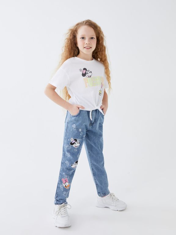 Crew Neck Disney Printed Short Sleeve Girls' Crop T-Shirt