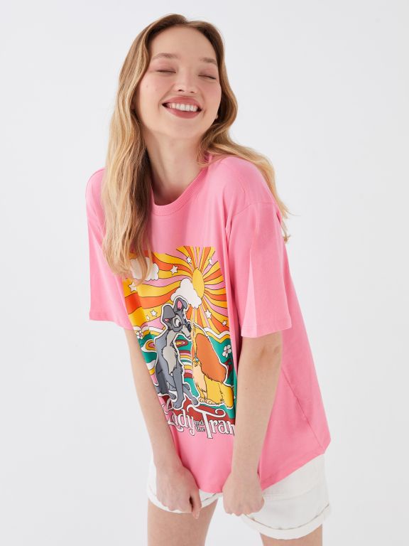 Crew Neck Lady And The Tramp Printed Short Sleeve Women's T-Shirt