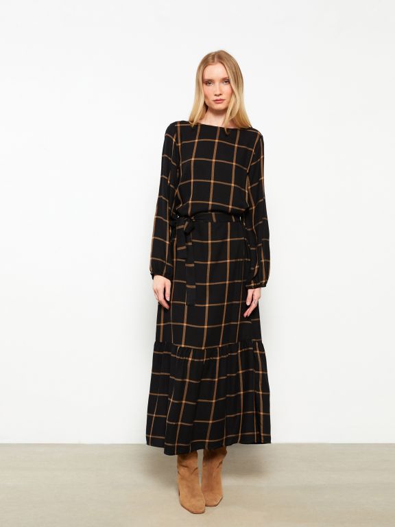 Crew Neck Plaid Long Sleeve Gabardine Women Shirt Dress