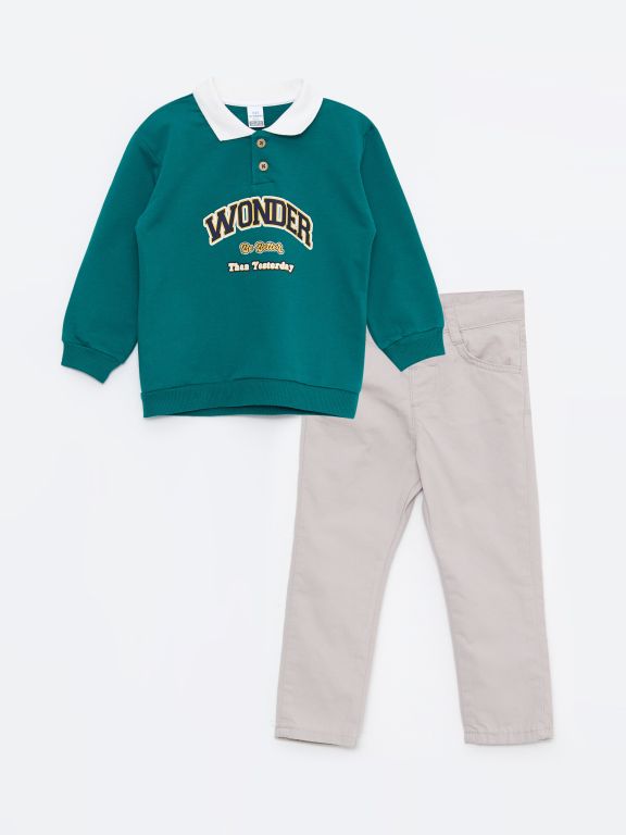 Polo Collar Long Sleeved Printed Baby Boy T-Shirt and Pants 2-Pack Set