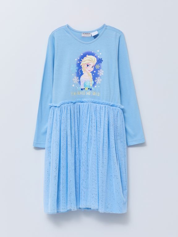 Crew Neck Elsa Printed Long Sleeve Girl Dress